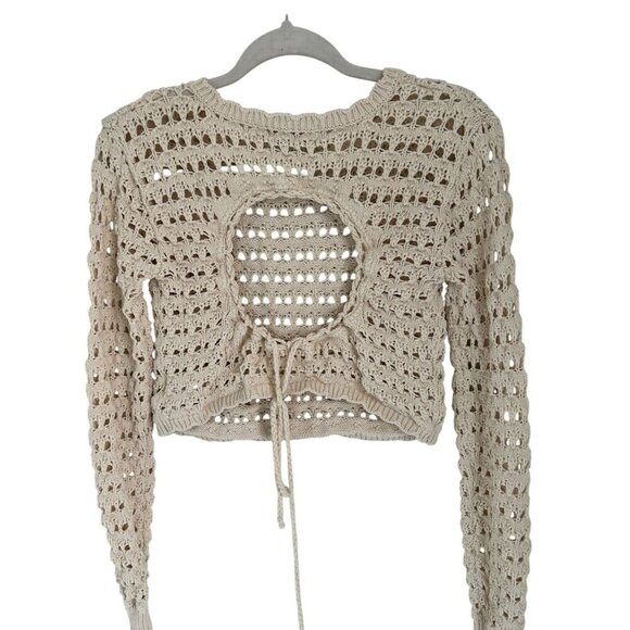 Free People Beach Crop Top Crochet Knit Open Back & Adjustable Tie Beige Long Sl - Picture 1 of 10